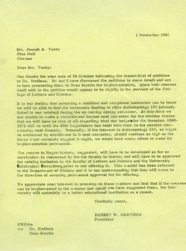 Letter from President Hartung to Joseph A. Tasby discussing the implementation of two courses, Anthropology 158 and Negro History.