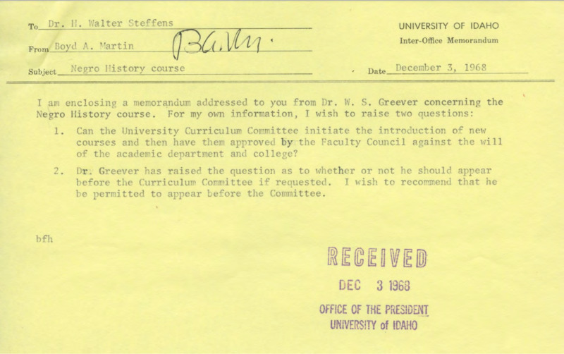 Memorandum from Boyd A. Martin to H. Walter Steffens concerning questions regarding the "Negro History" course.