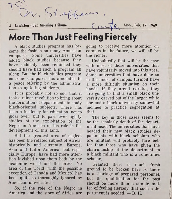 Article titled, "More Than Just Feeling Fiercely," about the idea of a black studies program. 
