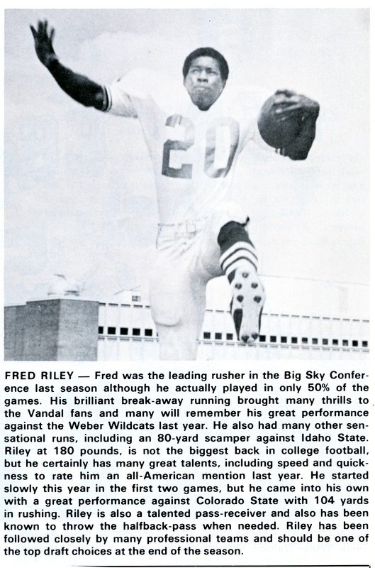 Image of Fred Riley, mid jump, with a cpation detailing his footabll career.