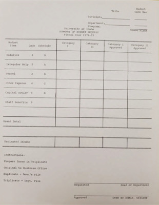 Blank form for University of Idaho summary of budget request for 1972-1973.
