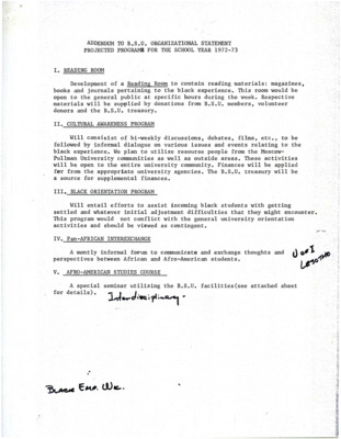 Addendum lists several programs for the Black Studies program for 1972-1973 school year.  Addendum proposed by the BSU.