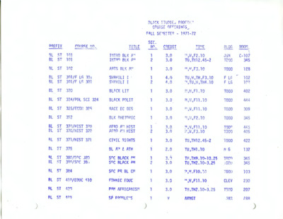 Page showcasing courses for the Black Studies Program for the 1971-1972 academic year.