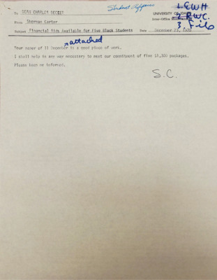 Memorandum applauding a previous memorandum from Decker on Dec 11, 1970 and committing to help in the offering of five $1,300 packages for financial aid.