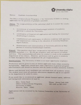 Graduate Assistantship job posting within the intercultural programs office that lists duties, stipend, and qualifications.  Posting lists Corky Bush as the recruiting officer for the position.