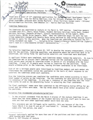 Memorandum to Dr. Richardson titled "Summary of Selection Procedures for Educational Development Specialists Positions" that gives procedures followed or strayed from when selecting specialists.