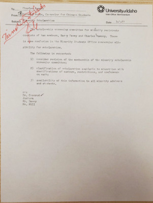 Memorandum to Charles Ramsey from Socorro Bunts regarding minority scholarships and requesting some revision of scholarships for less confusion.
