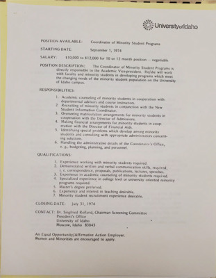 Coordinator of Minority Student Programs position posted with salary, qualifications, description, responsibilities, and starting and closing dates. Siegfried Rolland is listed as recruiting officer.