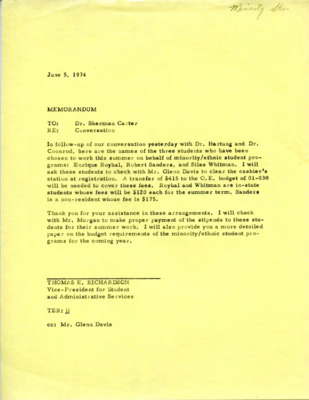 Memorandum to Dr. Carter concerning Enrique Roybal, Robert Sanders, and Silas Whitman who will work on Minority/Ethnic Student Programs during the summer.