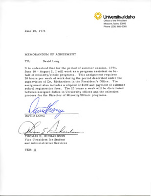 Memorandum of agreement for David Long to fulfill work in the summer for Minority Student Program under Richardson.