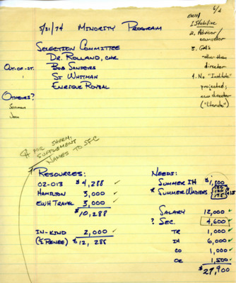 Notes on selection committee; resources needed for program; and needs for Minority Students Program.