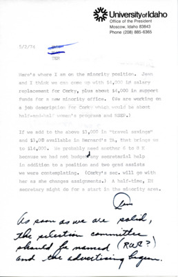 Letter dealing with updated salaries and additional funds for Minority Students Program.