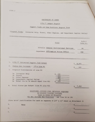 Budget request form for the Affirmative Action office for the 1967-1977 year.