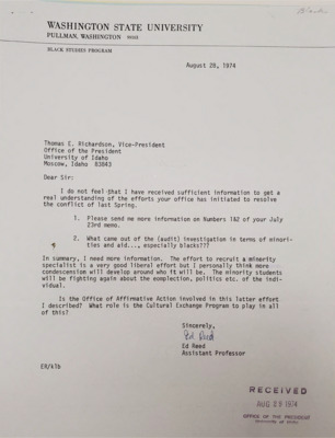 Letter from Ed Reed, an Assistant Professor at WSU, to Thomas E. Richardson concerning the appointment of minority specialist and questions regarding the effort being made and the Black students' demands brought up the previous spring.