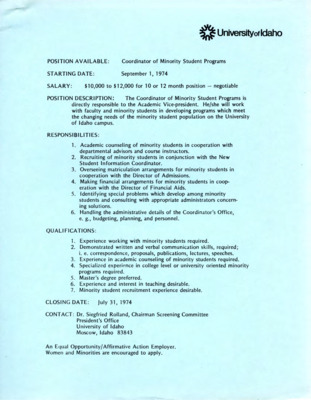 Job posting for Coordinator of Minority Student Programs