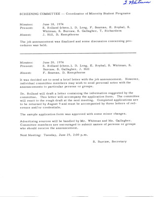 Two meeting notes stating position requirements finalized and a letter drafted for the position from June 18 1974 and June 20 1974.