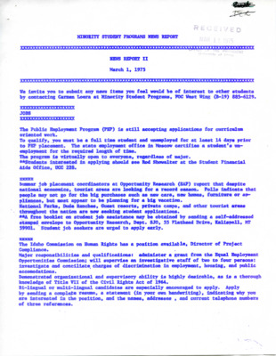 Page notes that any additional information should be directed to Carmen Loera.  It also includes news about curriculum work; tourism; and a position available at the Idaho Commission of Human Rights.