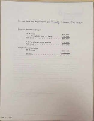 Revised back pay adjustments for faculty women that includes general education budget and cooperative extension.