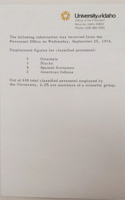 Note listing employment figures from Personnel Office on September 25; 1974.  Lists "5 Orientals; 3 Blacks; 4 Spanish Surnames; and 2 American Indians".  2.2% of 638 staff are minority faculty.