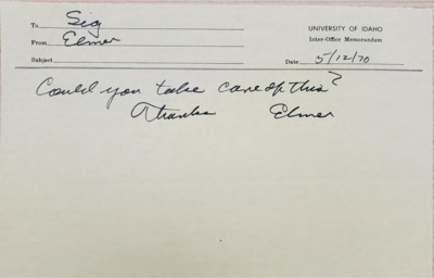 Short memorandum to Sigfried B. Rolland from Elmer Raunio, with the request, "Could you take care of this for me?"