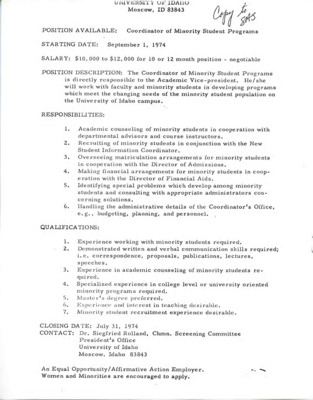 Job posting for the coordinator of Minority Student Programs position with the qualifications, description, and responsibilities.