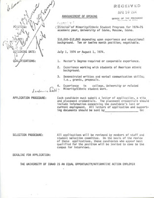 Announcement for the job opening of Director of Minority/Ethnic Student Programs for the 1974-1975 academic year.