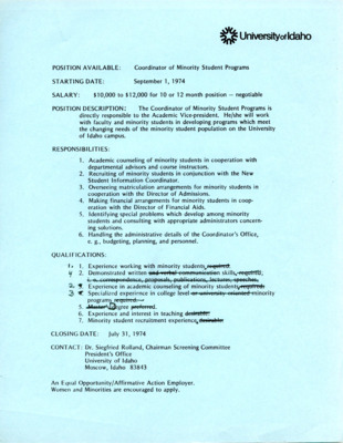 Job opening announcement for the Coordinator of Minority Student Programs with some edits under the Qualifications section.