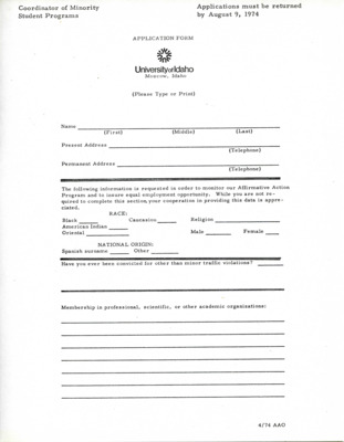 Blank application form for the Coordinator of Minority Student Programs position. Blank selection and interview rating forms are included.