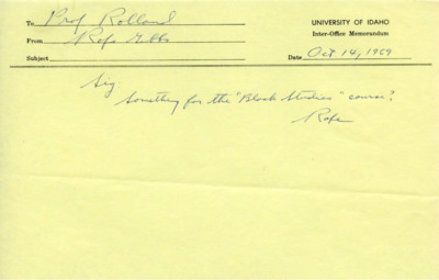 Memorandum to Siegfried B. Rolland that only says "Something for the 'Black Studies' course?"