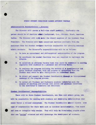 Document explaining the duties of several positions and programs that are part of the Ethnic Student Curriculum Career Advisory Program.