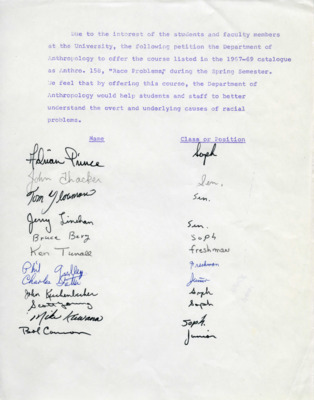Petition for the Department of Anthropology to offer the course listed in the 1967-1969 catalogue as Anthro. 158, "Race Problems," during the Spring Semester to help students and staff better understand the overt and underlying causes of racial problems.