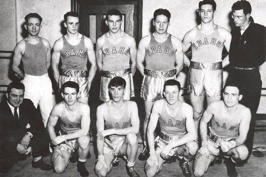University of Idaho boxing squad - Front row: manager Mike Williamson, Ray Radford, Paul Williams, Ray Engberson, Bill Williams.  Back row: Coach Ken Butler, Herb Carlson, Ted Diehl, Captain Laune Erickson, Larry Hanson, manager Pat Abbott.