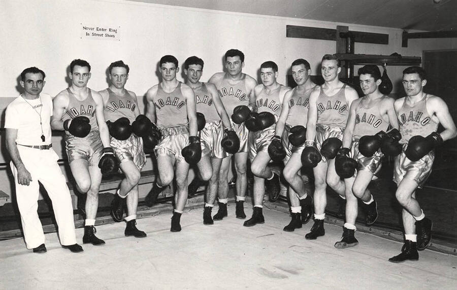 University of Idaho 1948-1949 boxing squad - Coach Frank Young, Len Walker, Vern Gasser, Vern Bahr, Thane Johnson, Woody DeLorme Don Ellis, Ted Diehl, Herb Carlson, DeForest Tovey, Norm Walker.  (4th nationally) 