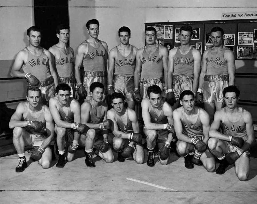 University of Idaho 1950 boxing squad - L-r: (front) Herb Carlson, Norm Walker, DeForest Tovey, Frank Echevarria, Len Walker, Bud Lawson, Frank Gillette. (back) Ted Diehl, Thane Johnson, Larry Hanson, Vern Bahr, Don Ellis, Mervin Pierce, Doyle Haskins.