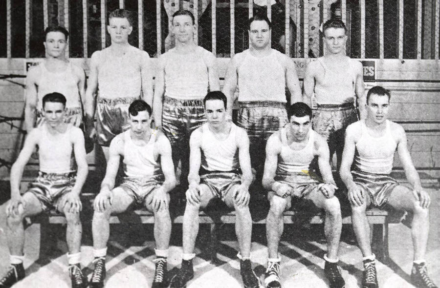 1936-1937  University of Idaho varsity boxing squad - Front row: Ralph Miller, Aaron Blewett, Luke Prucell, Joe Fallini, Frank O'Brien, Back row: Milt Osterhout, Jim Nixon, Walt McGill, Captain Ross Sundberg, Sherm Schmidt. 