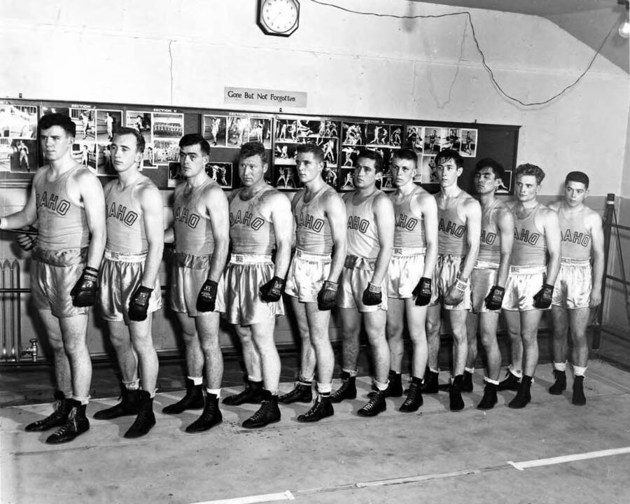 University of Idaho boxing squad - 1953; Gem pg. 263 (Harold Solinsky, Don Anderson, Ray Johnson, Fred Bowen, bob McBride, Don Houseley, Jack Webster, Ralph Snook, Herb Jeo, Lynn Nichols, and Tom Howard).