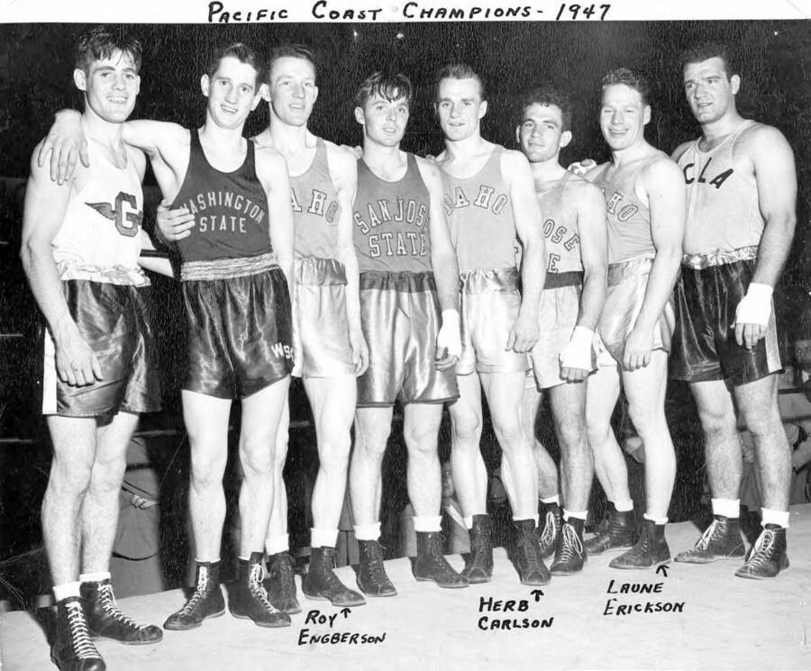 Pacific Coast Intercollegiate Boxing Association champions - Pacific Coast Champions, 1947. Includes Roy Engberson, Herb Carlson, Laune Erickson. 