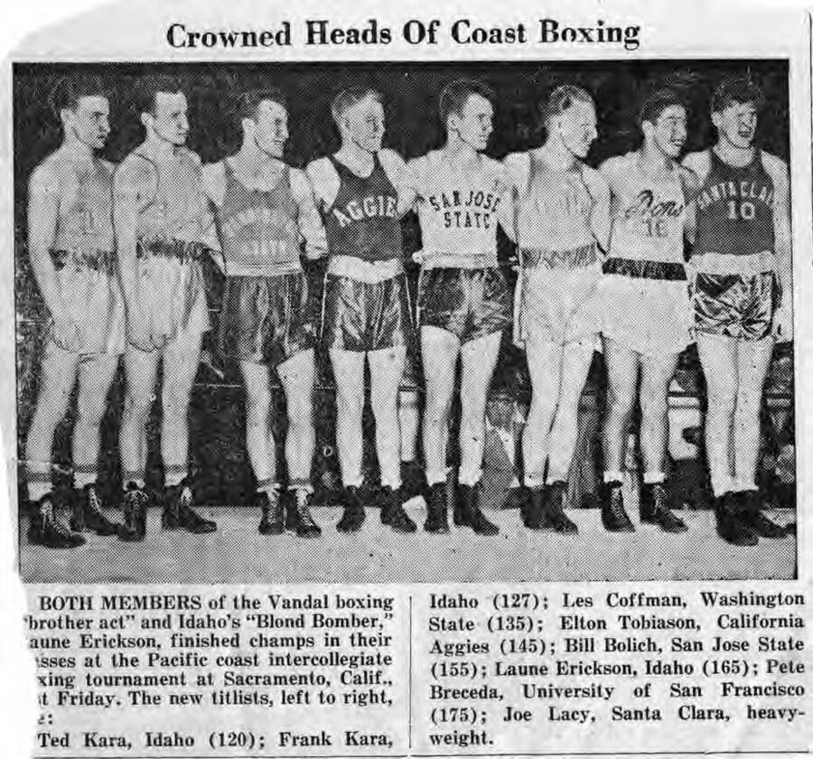 Crowned Heads of Coast Boxing - Newspaper clipping from 1936 titled [Pacific Coast Intercollegiate Boxing Tournament at Sacramento, Calif]