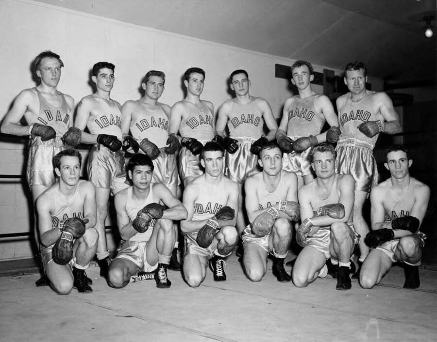 University of Idaho boxing squad - 1952; Gem pg. 163 (Front row: Jack Gray, Mike Young, Milt Walker, Harvey Mutch, Lynn Nichols, Captain Franker Echevarria, back row: Phil Ourads, Johnny Echevarria, Don Houseley, Jim Driever, Larry Moyer, Don Anderson, Fred Bowen.) 