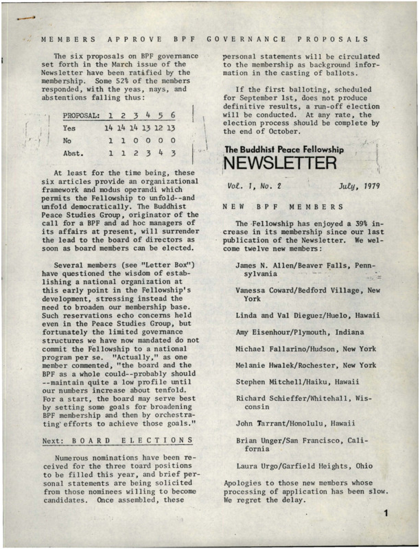 Buddhist Peace Fellowship Newsletter, vol. 1, no. 2, July 1979