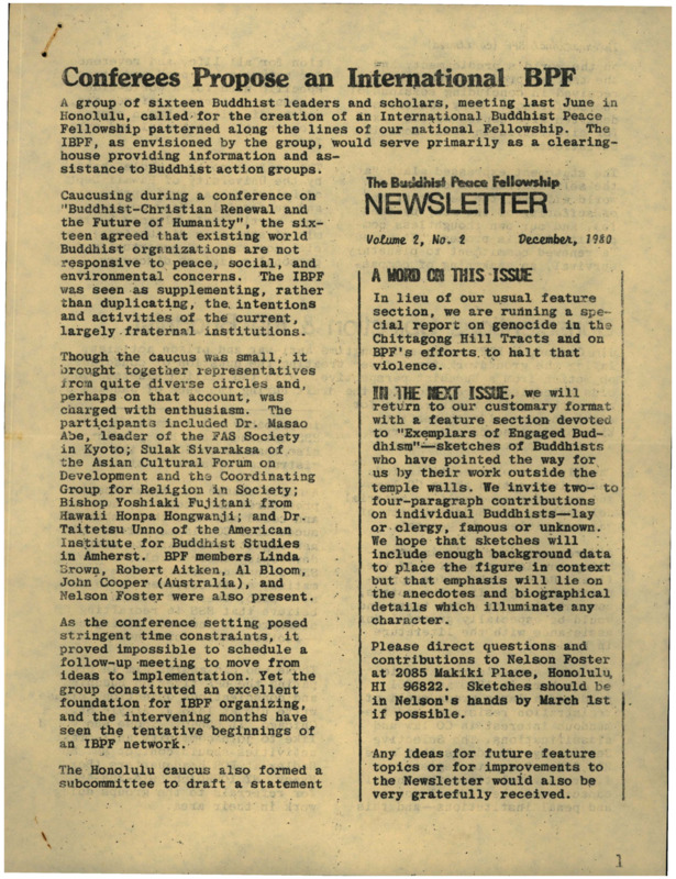 Buddhist Peace Fellowship Newsletter, vol. 2, no. 2, December 1980