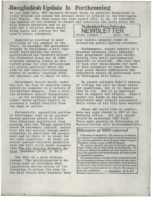 Buddhist Peace Fellowship Newsletter, vol. 3, no. 1, April 1981