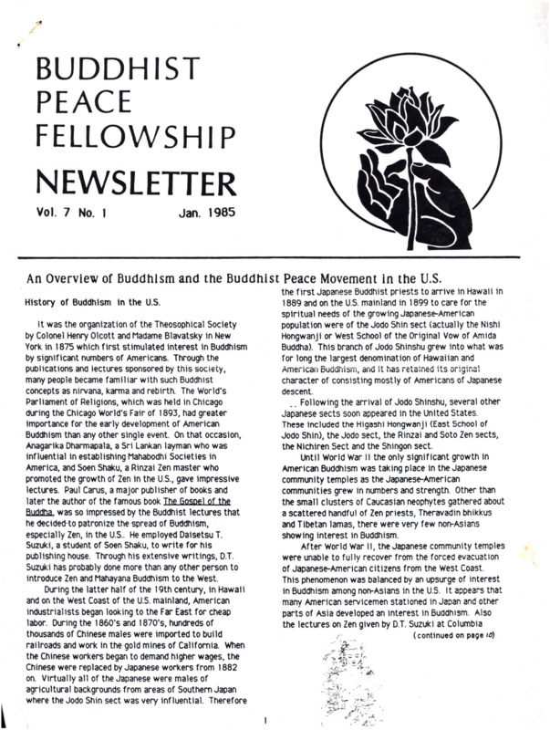 Buddhist Peace Fellowship Newsletter, vol. 7, no. 1, Jan 1985