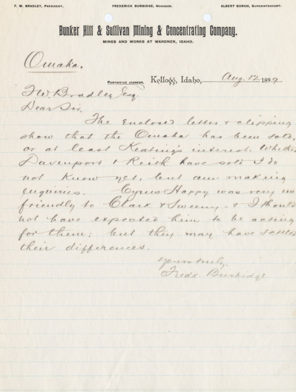 Burbidge informs Bradley on the sale of the Omaha; handwritten, refers to newspaper clipping.