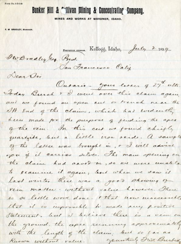 Burbidge replies to an earlier letter of Bradley's regarding a mining claim; handwritten.