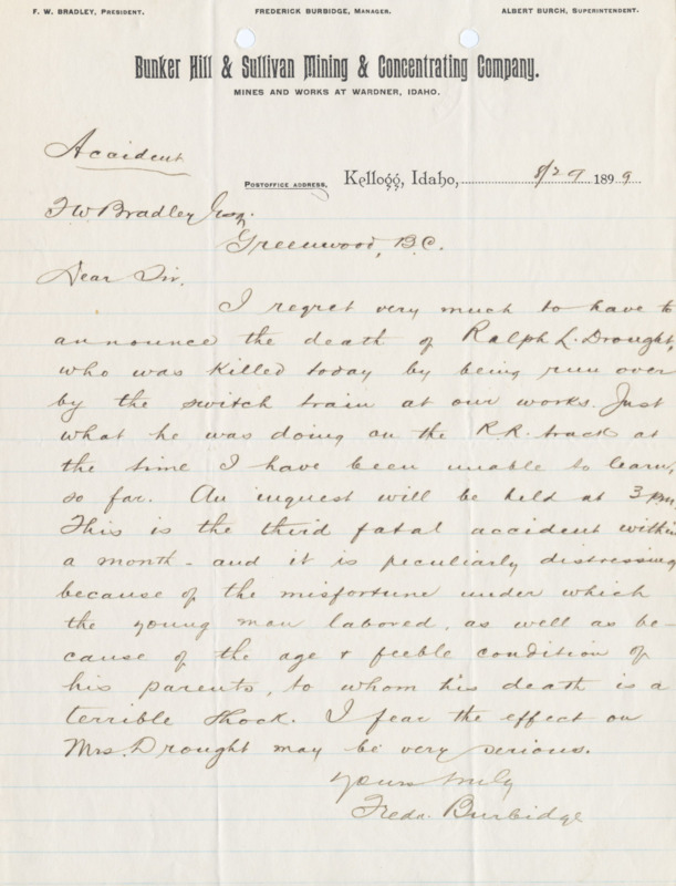 Burbidge informs Bradley of an accident resulting in the death of Ralph L. Drought; handwritten.
