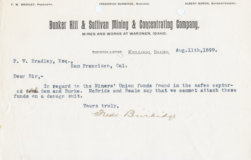 Burbidge informs Bradley on Miners' Union Funds.