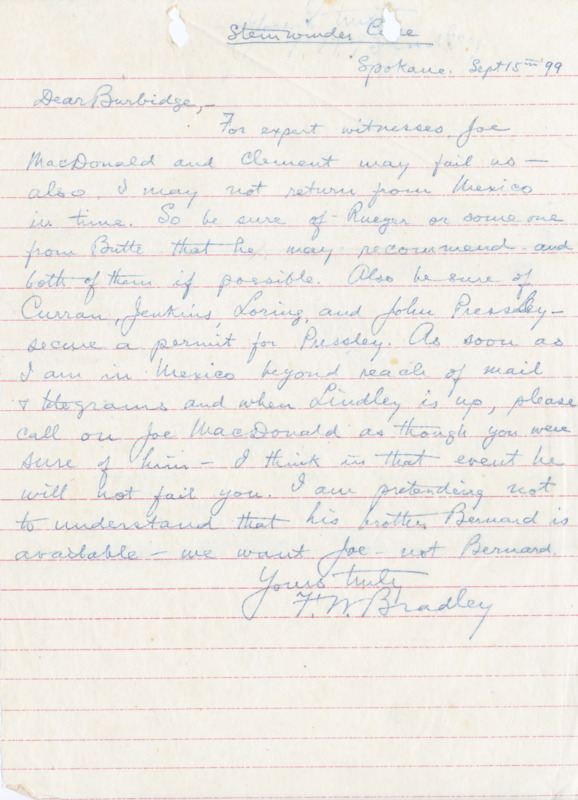 Bradley instructs Burbidge on who to call as witnesses in the Stemwinder Case; handwritten.