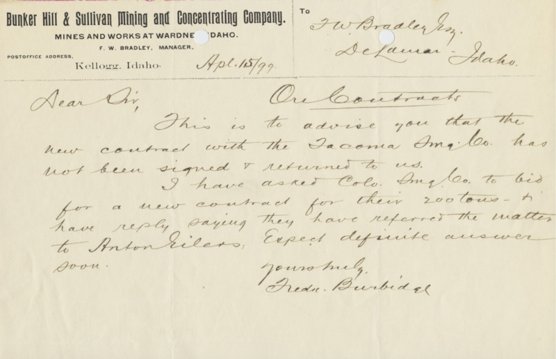 Burbidge advises on ore contracts; handwritten.