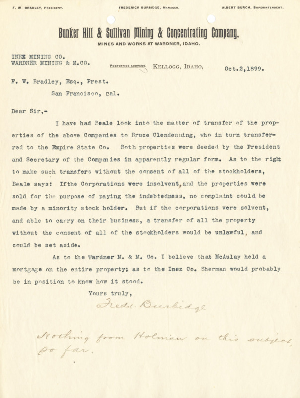 Burbidge informs Bradley of the legality of the transfer of both the Inez Mining Co. and the Wardner Mining & M. Co. to the Empire State Co.